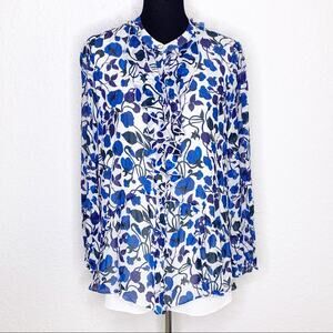 Saloni blue white floral sheer overlay ruffle trim button down top size 10